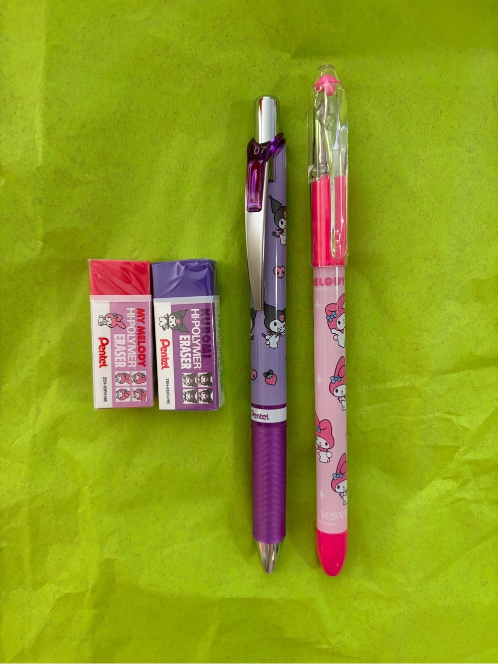 SANRIO & PENTEL Kuromi Gel Pen, My Melody Ballpoint Pen & Hi-Polymer Erasers